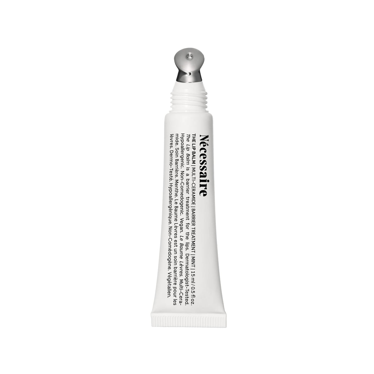 Nécessaire The Lip Balm tube closeup highlights glossy packaging and lip hydration benefits.