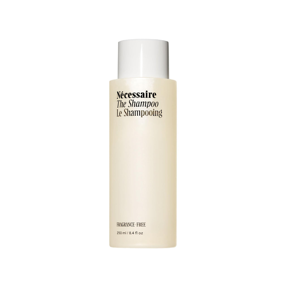 Nécessaire The Shampoo bottle front view highlighting fragrance-free formula for sensitive scalps.