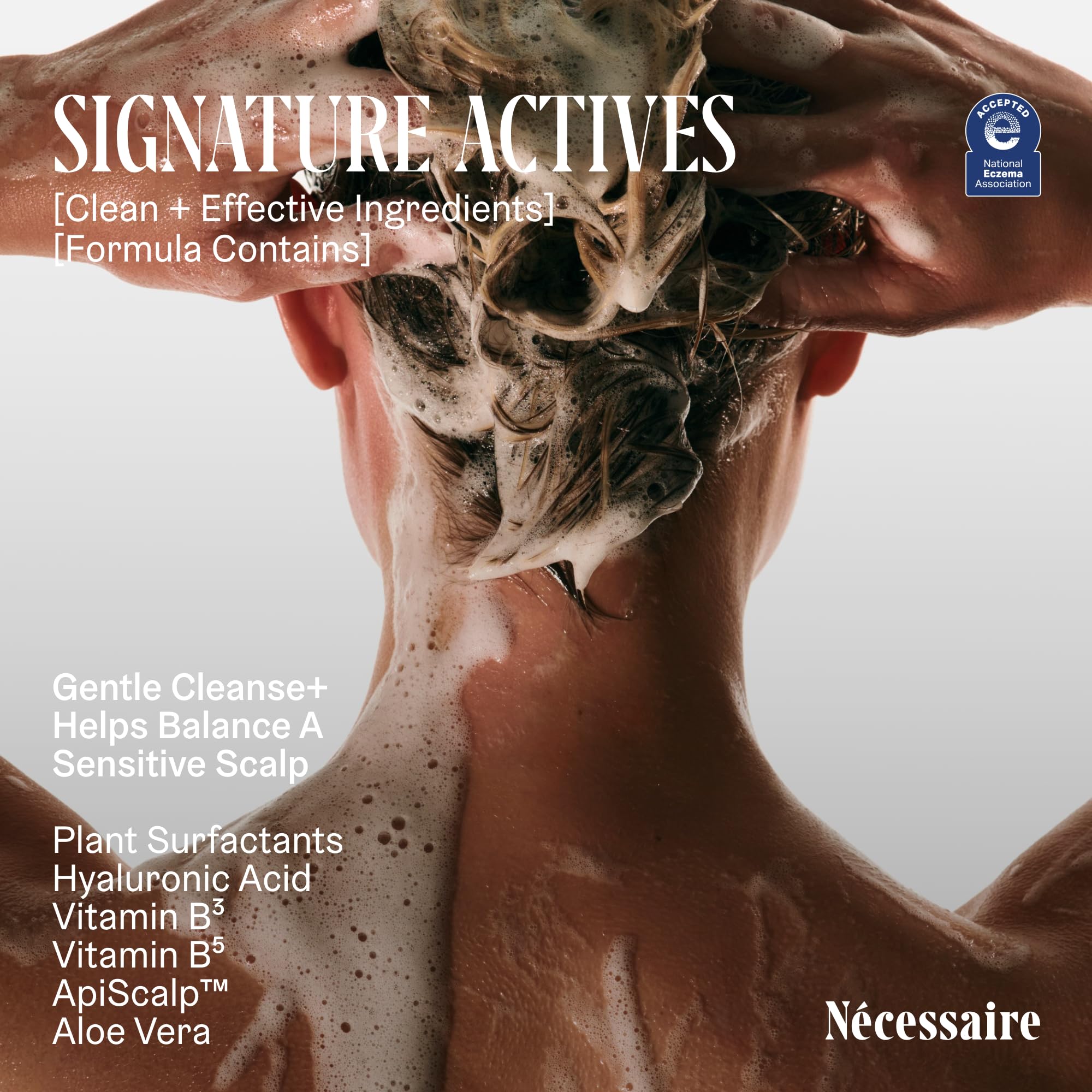 Nécessaire The Shampoo foamy-lather close-up illustrating gentle daily cleanse.
