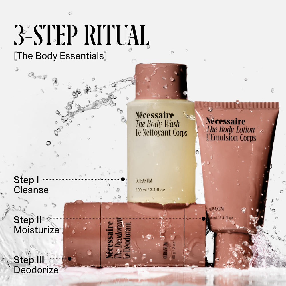 Nécessaire three-step ritual card showing cleanse, moisturize, deodorize.