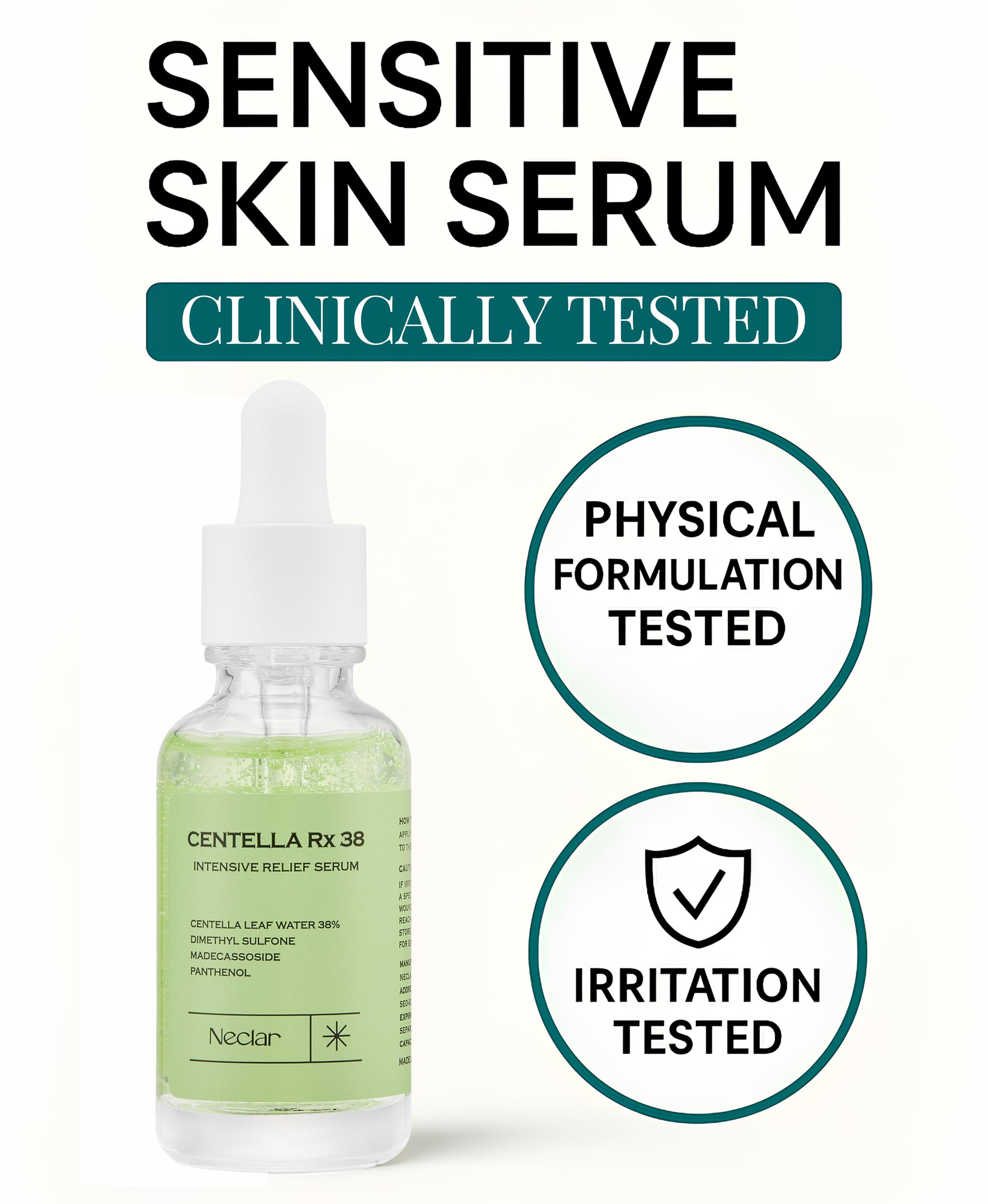 Neclar Centella ampoule label emphasizes 38% Cica Leaf Water for barrier support.
