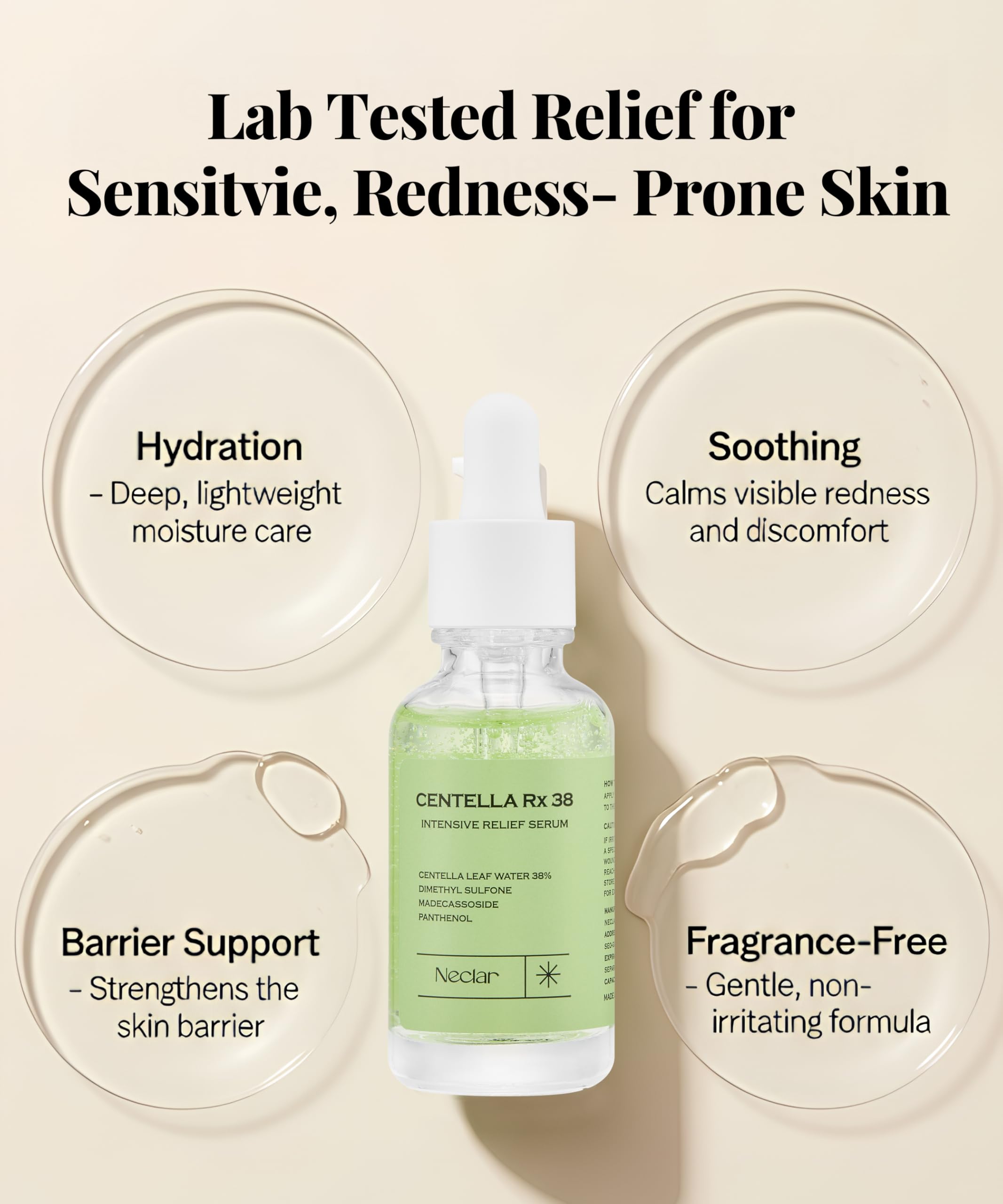 Neclar Centella Asiatica serum dropper illustrates gentle daily calming routine.