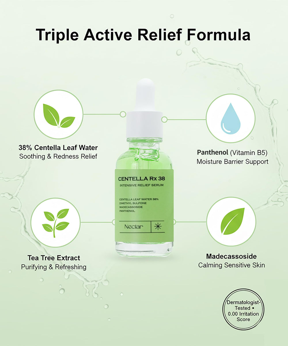 Neclar Centella Serum texture swirl emphasizes lightweight calming hydration.