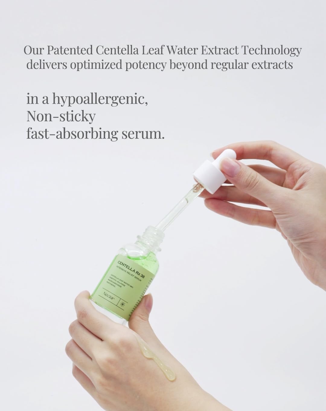 Neclar Centella serum on clean skin illustrating lightweight calming daily use.