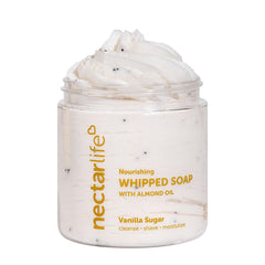 Nectar Life whipped soap vanilla sugar jar closeup for a luxurious cleanse.