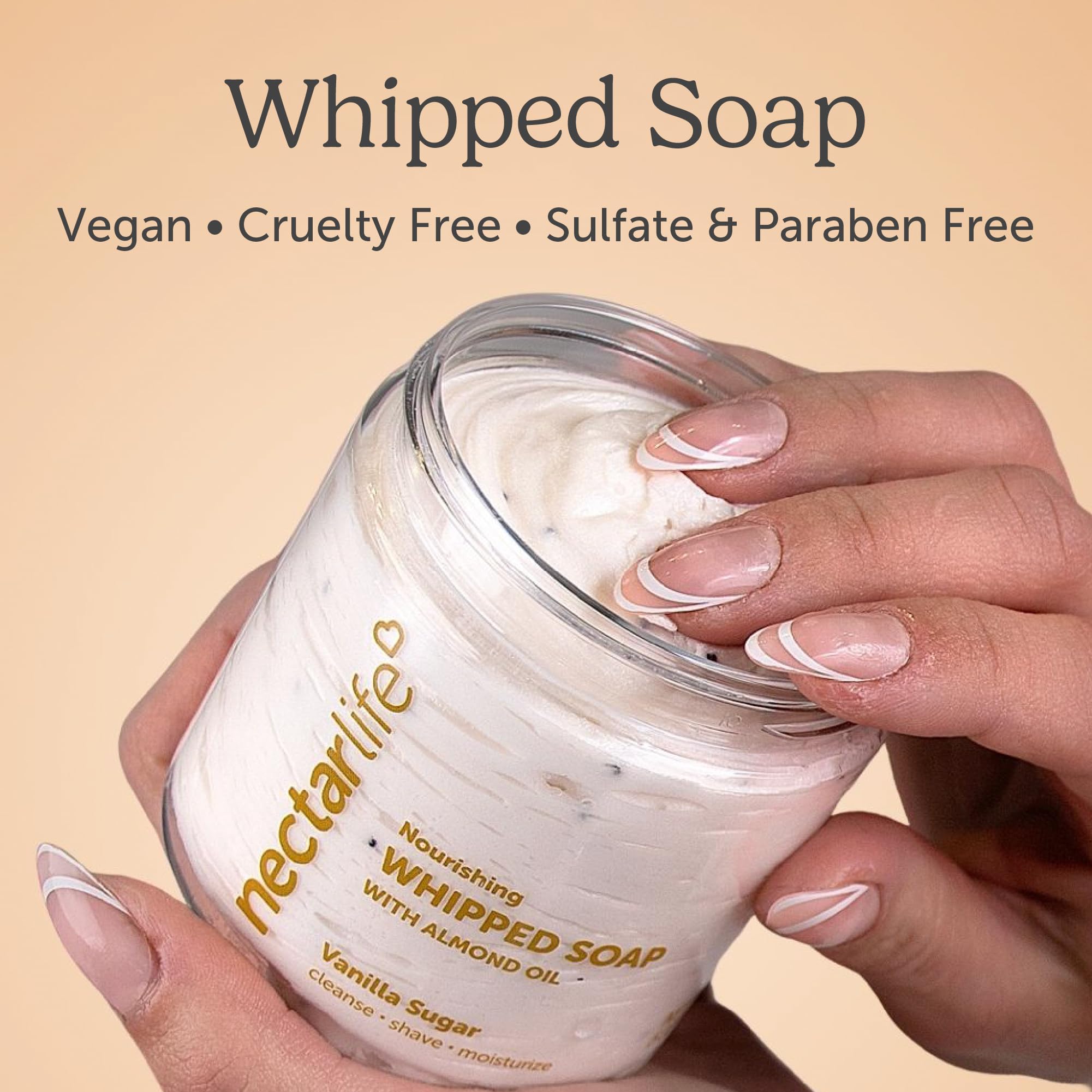 Nectar Life whipped soap vanilla sugar lather highlights creamy foam for hydrating cleansing.