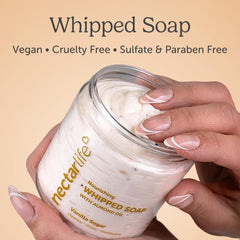 Nectar Life whipped soap vanilla sugar lather highlights creamy foam for hydrating cleansing.