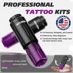 Neebol tattoo gun kit shows 1600mAh battery delivering long-lasting power for extended practice.
