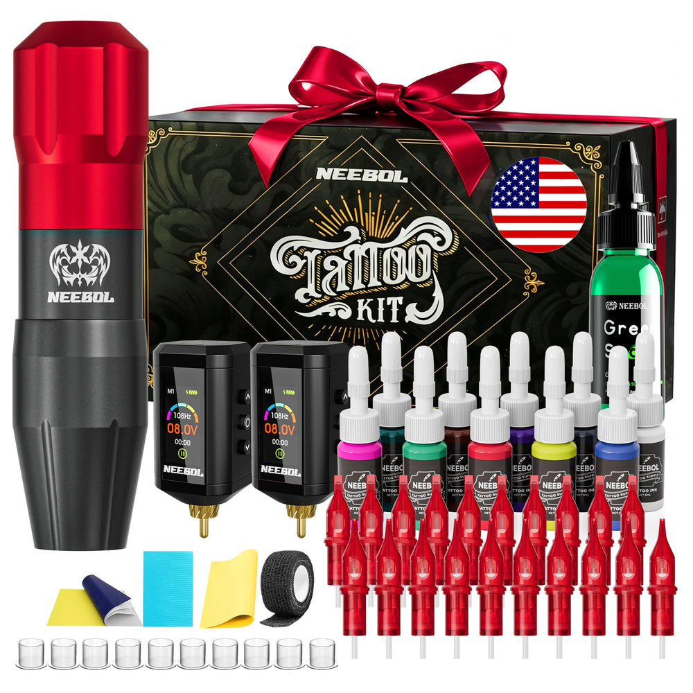 Neebol tattoo gun kit box view showing complete starter set for beginners