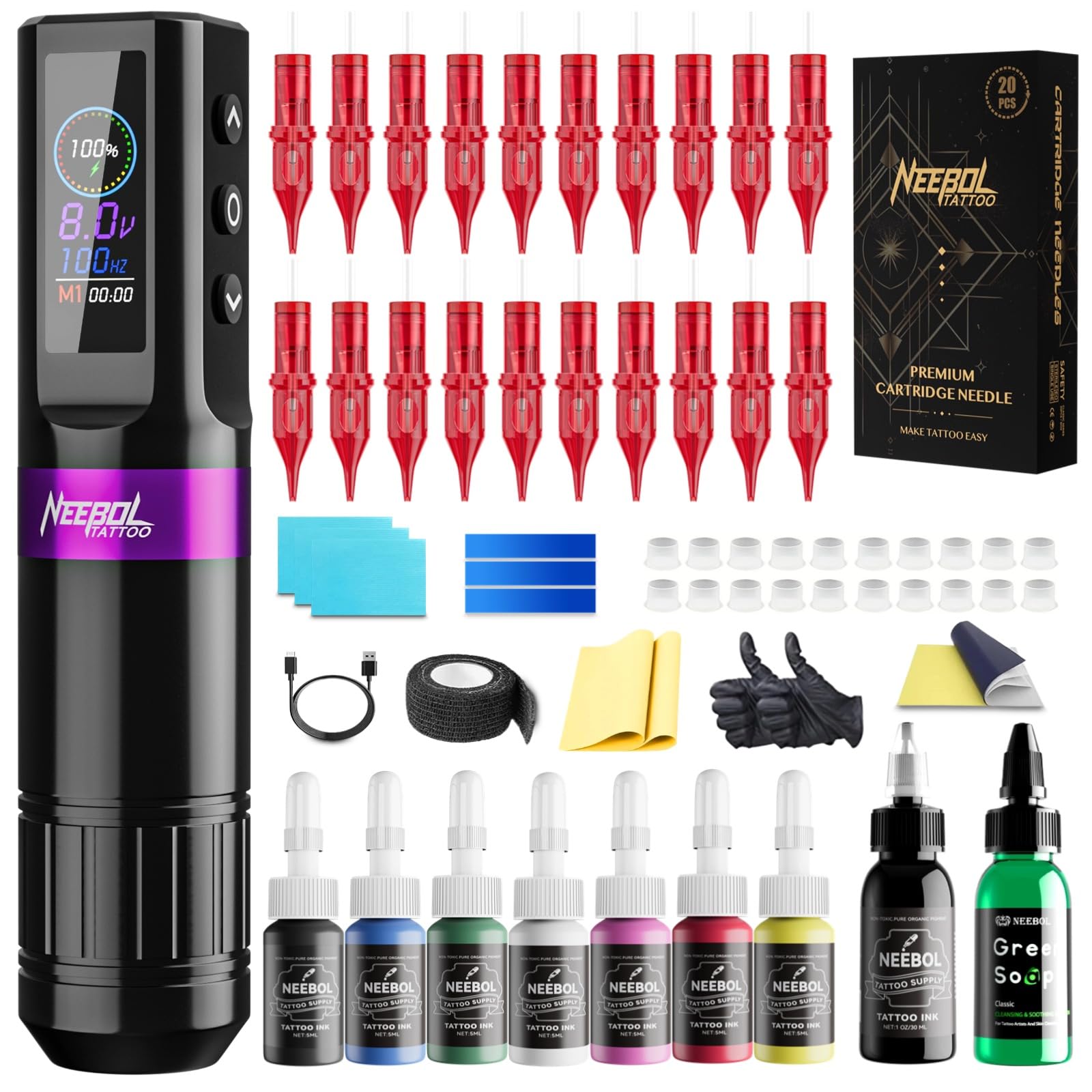 Neebol wireless tattoo pen with LED display for real-time voltage and battery status.