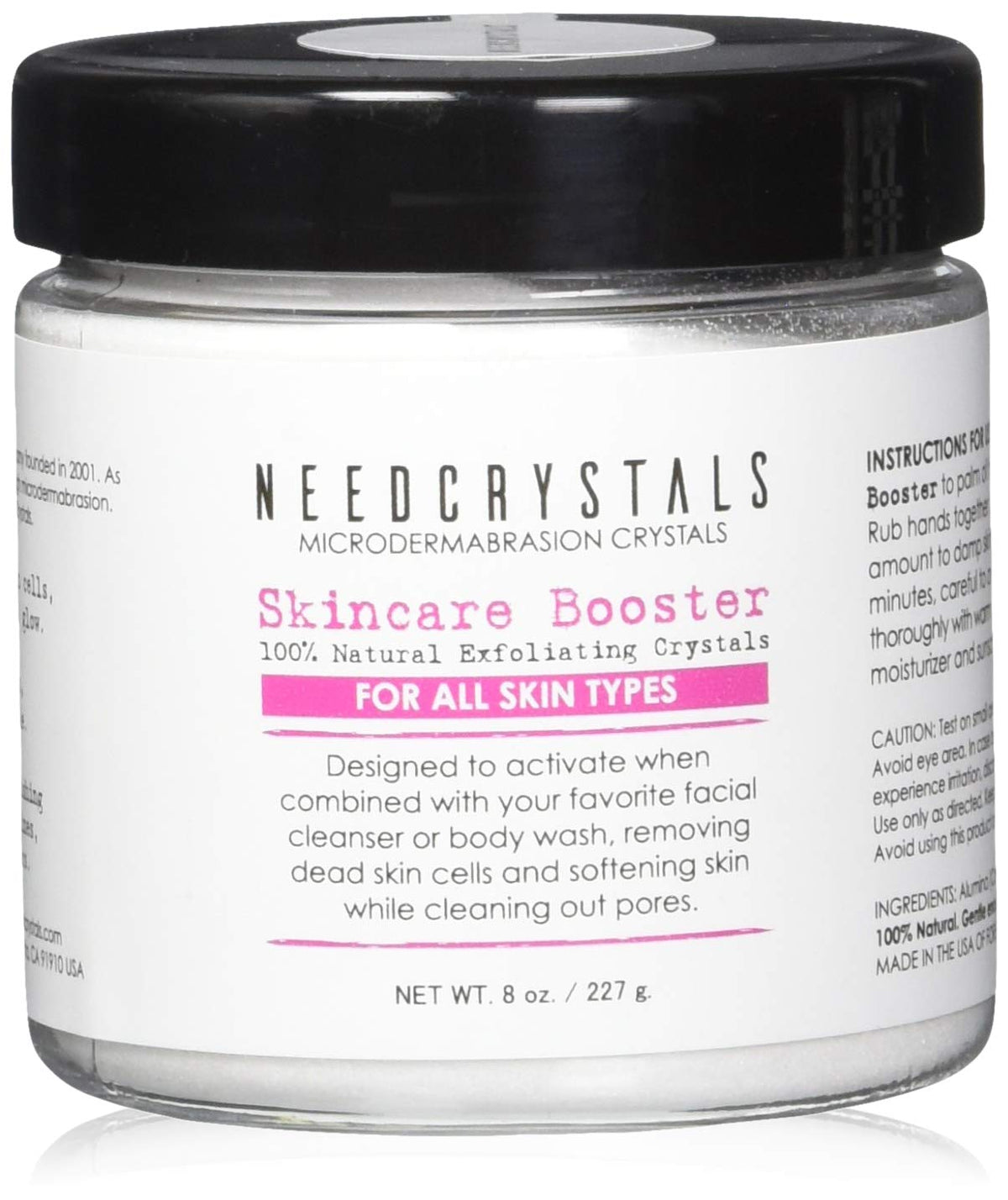 NeedCrystals microdermabrasion crystals jar for gentle exfoliation and at-home spa care.