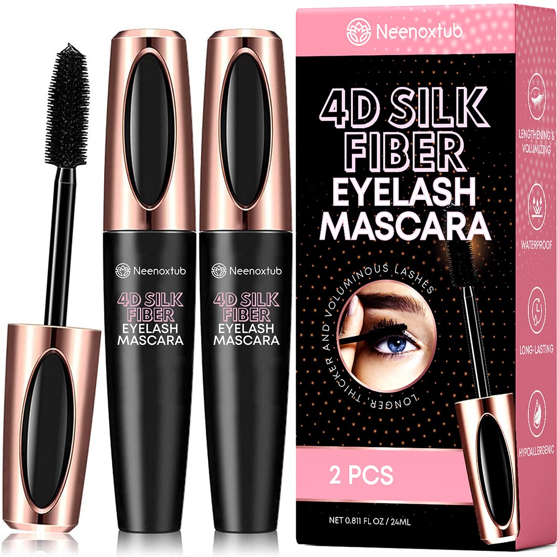 Neenoxtub 4D Silk Fiber Lash Mascara bottle shows long-lasting, smudge-proof formula