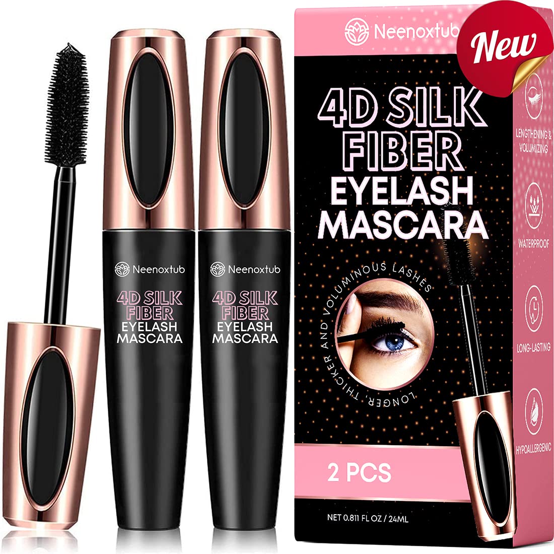 Neenoxtub 4D Silk Fiber Lash Mascara pack shot emphasizes two-pack value