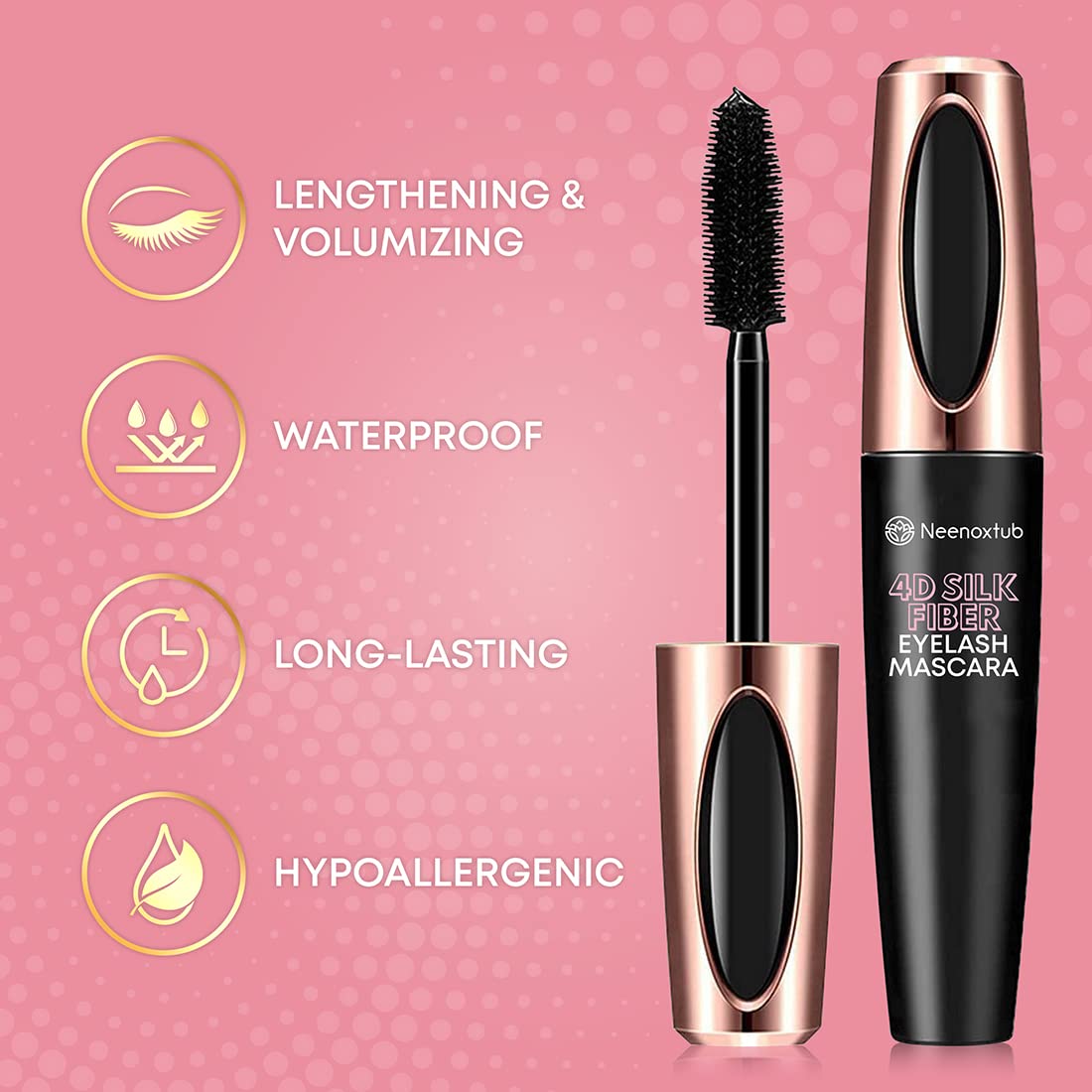 Neenoxtub 4D Silk Fiber Lash Mascara wand in use demonstrates lengthening lift