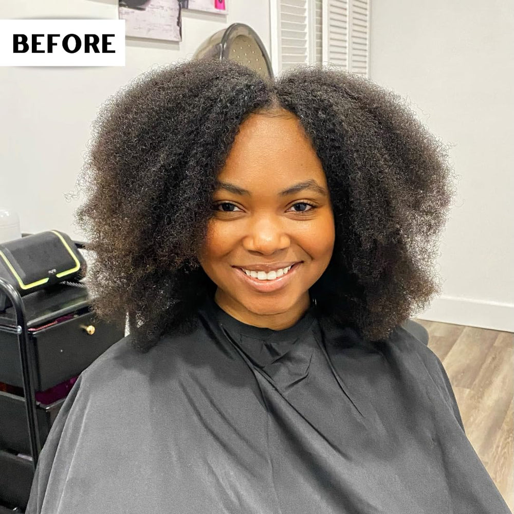 Nefertiti's Secrets frizz-control image highlights smooth, tamed hair without flaking.