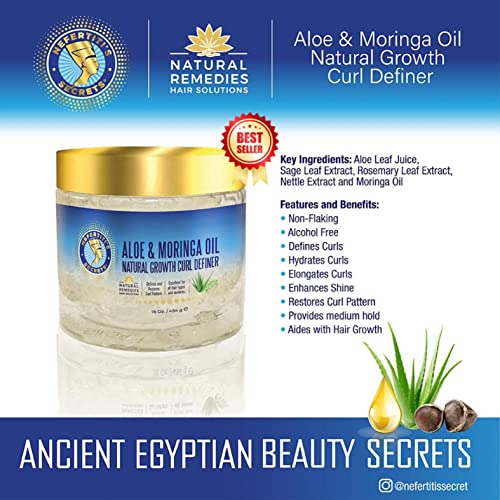 Nefertiti's Secrets moringa oil bottle showcases nourishing sheen and curl vitality.