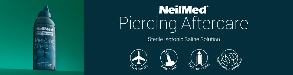 NeilMed NeilCleanse sterile packaging emphasizes safe, drug-free care for new piercings.
