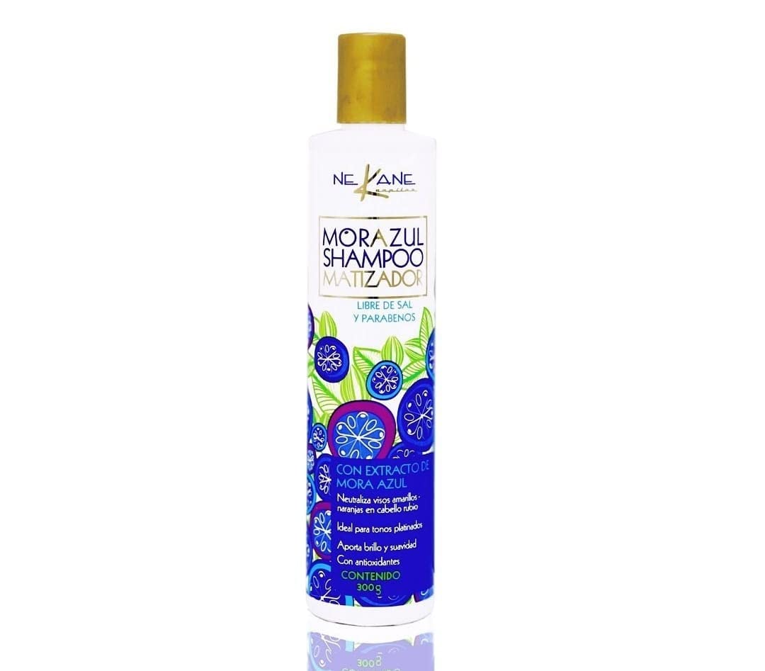 NEKANE Morazul Shampoo bottle front highlights violet toning to neutralize brassiness.