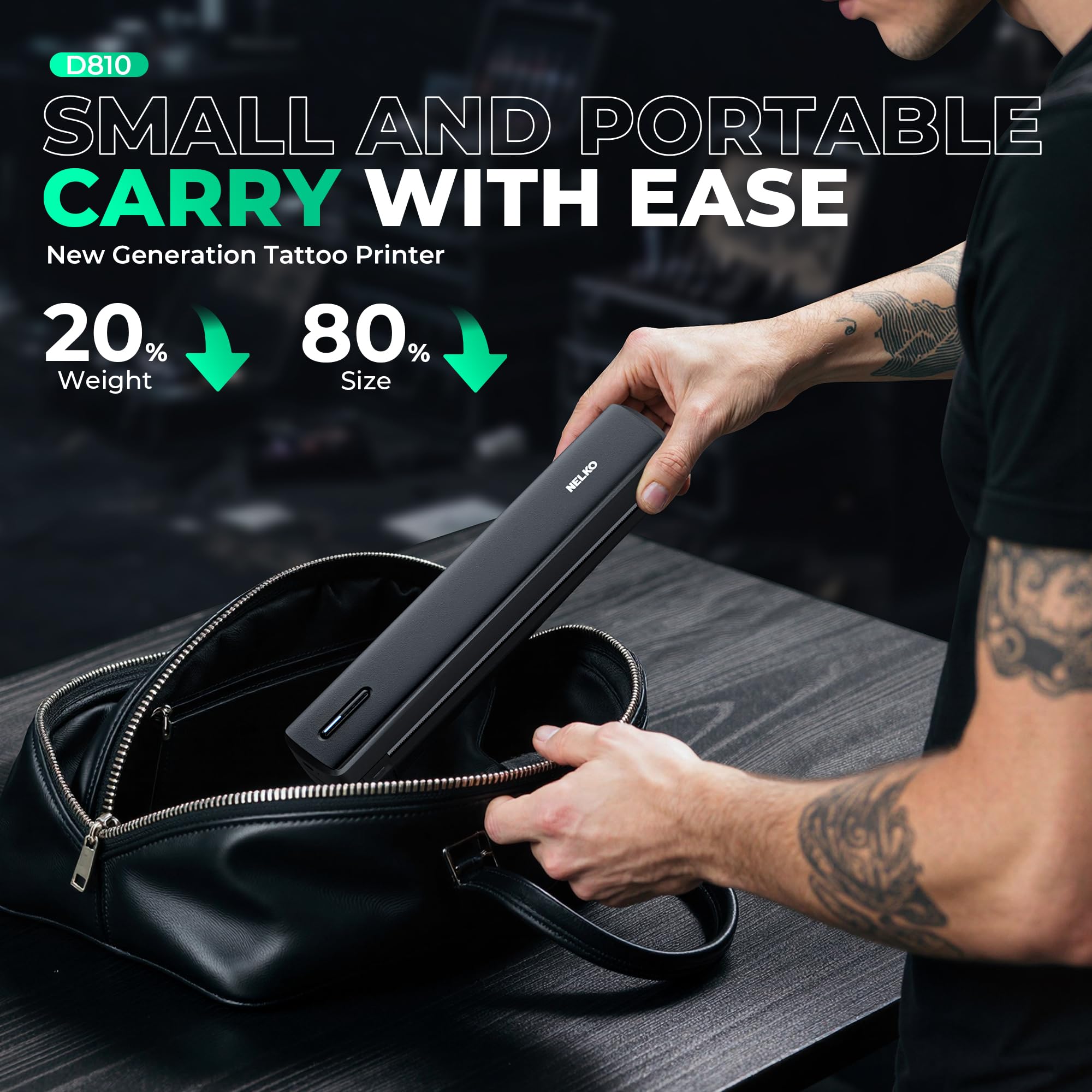 Nelko Tattoo Printer battery supports outdoor sessions with mobile power.
