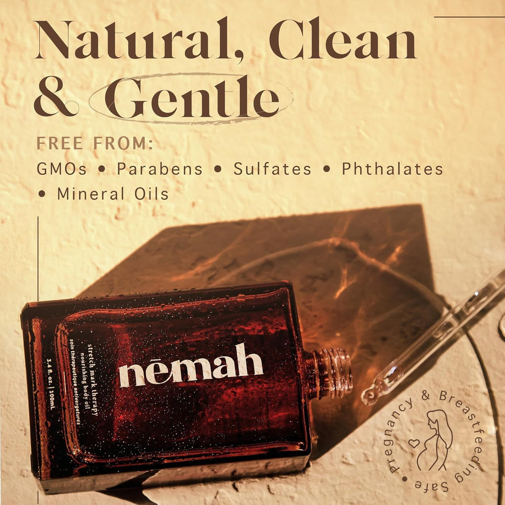 Night-time Nemah Belly Oil routine scene for hydrating skin.