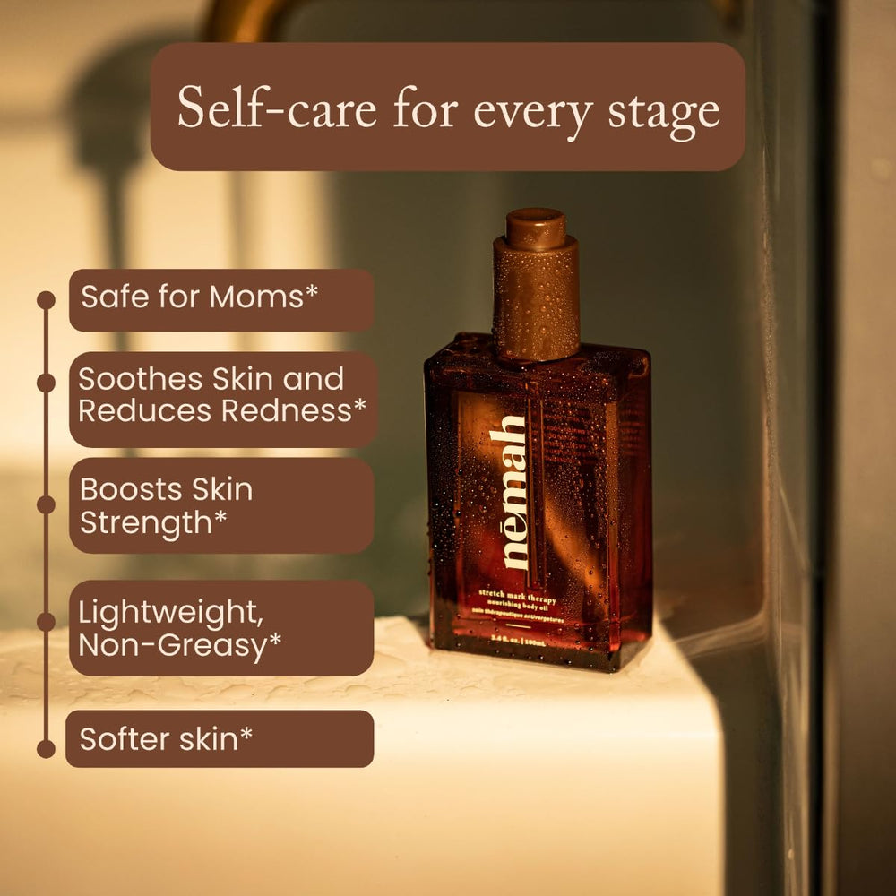 Nemah Belly Oil pump dispensing for easy, mess-free daily use.