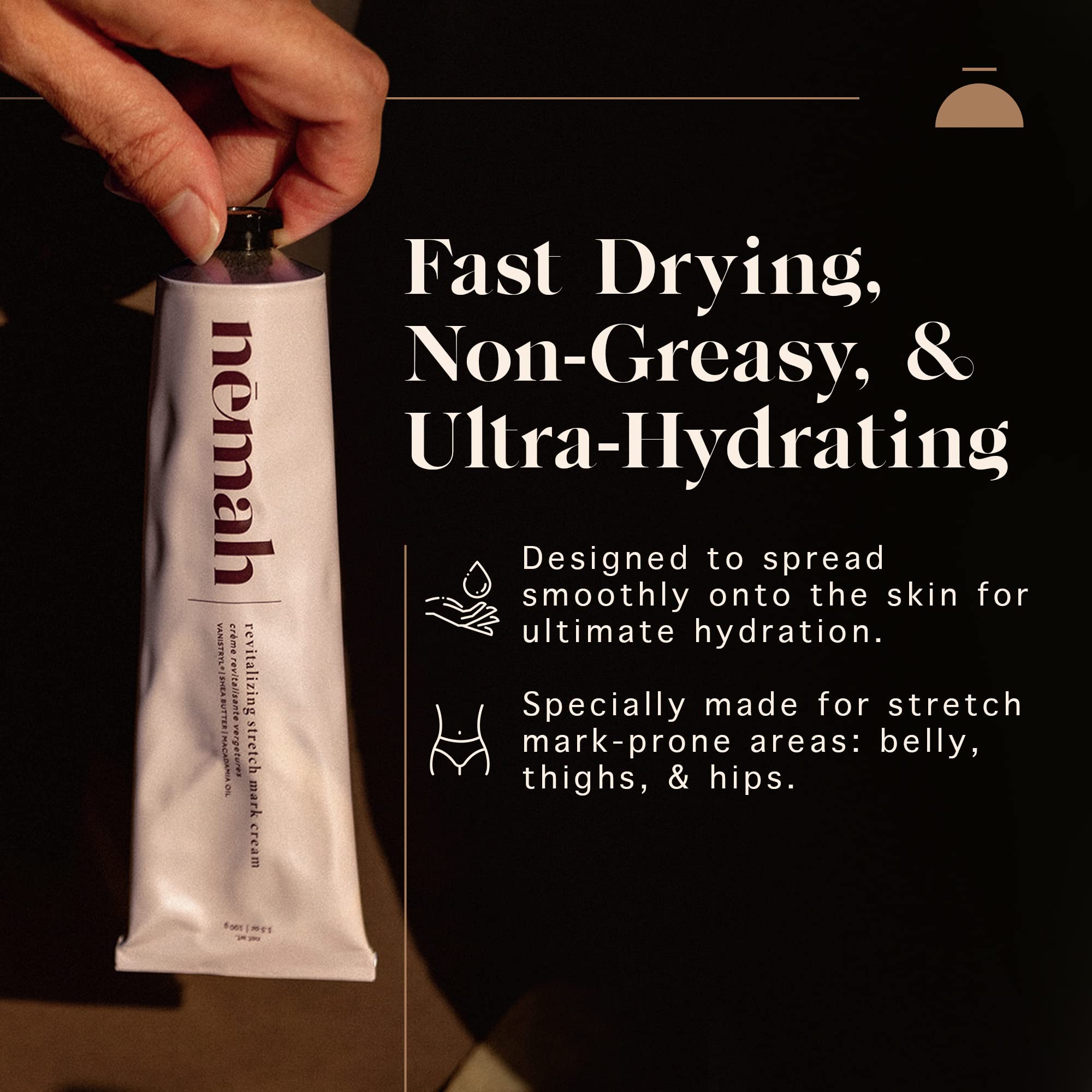 Nemah stretch mark cream packaging front view shows vegan, cruelty-free branding.