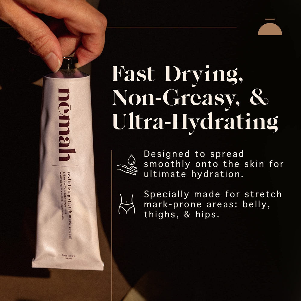 Nemah stretch mark cream packaging front view shows vegan, cruelty-free branding.