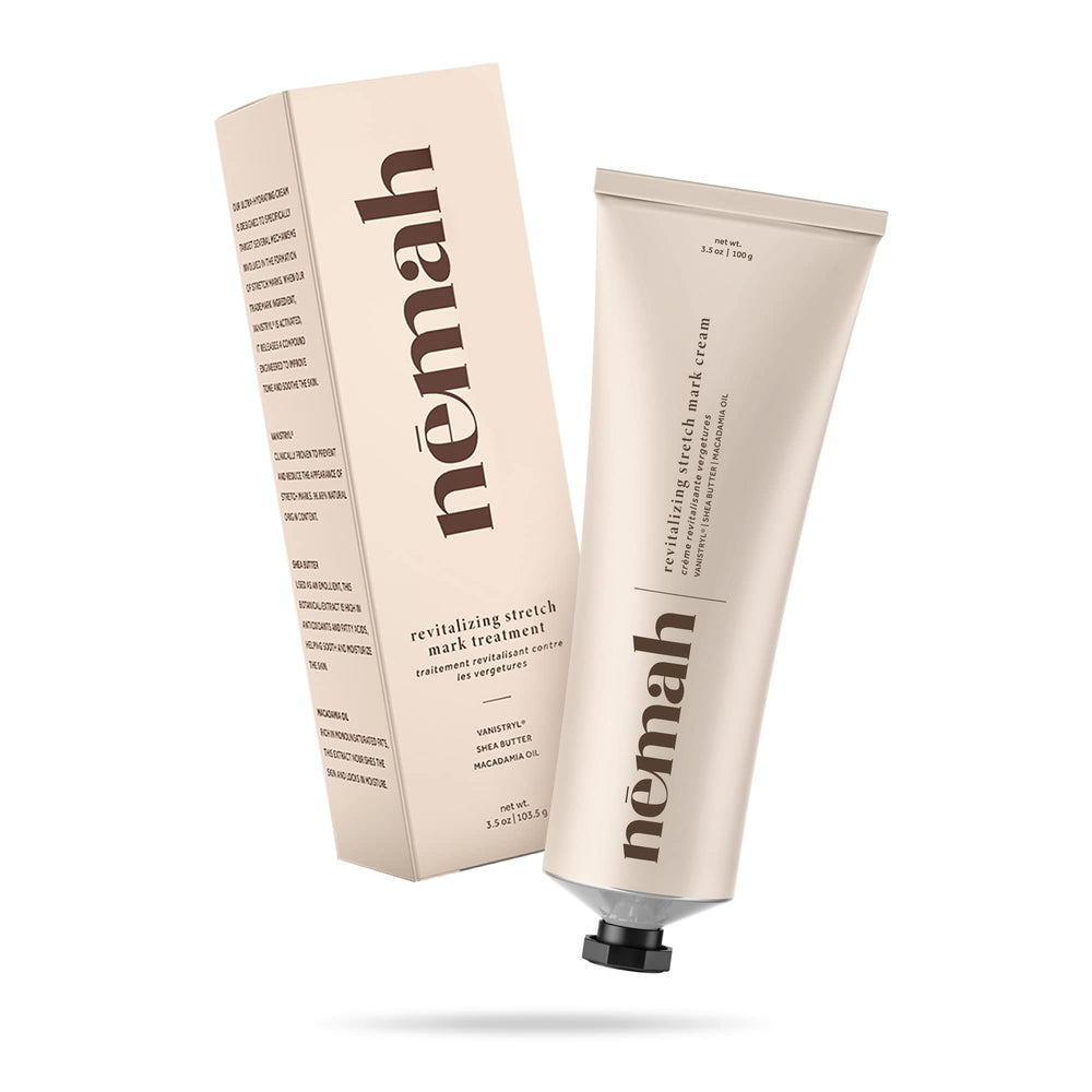 Nemah stretch mark cream postpartum use scenario on nightstand.