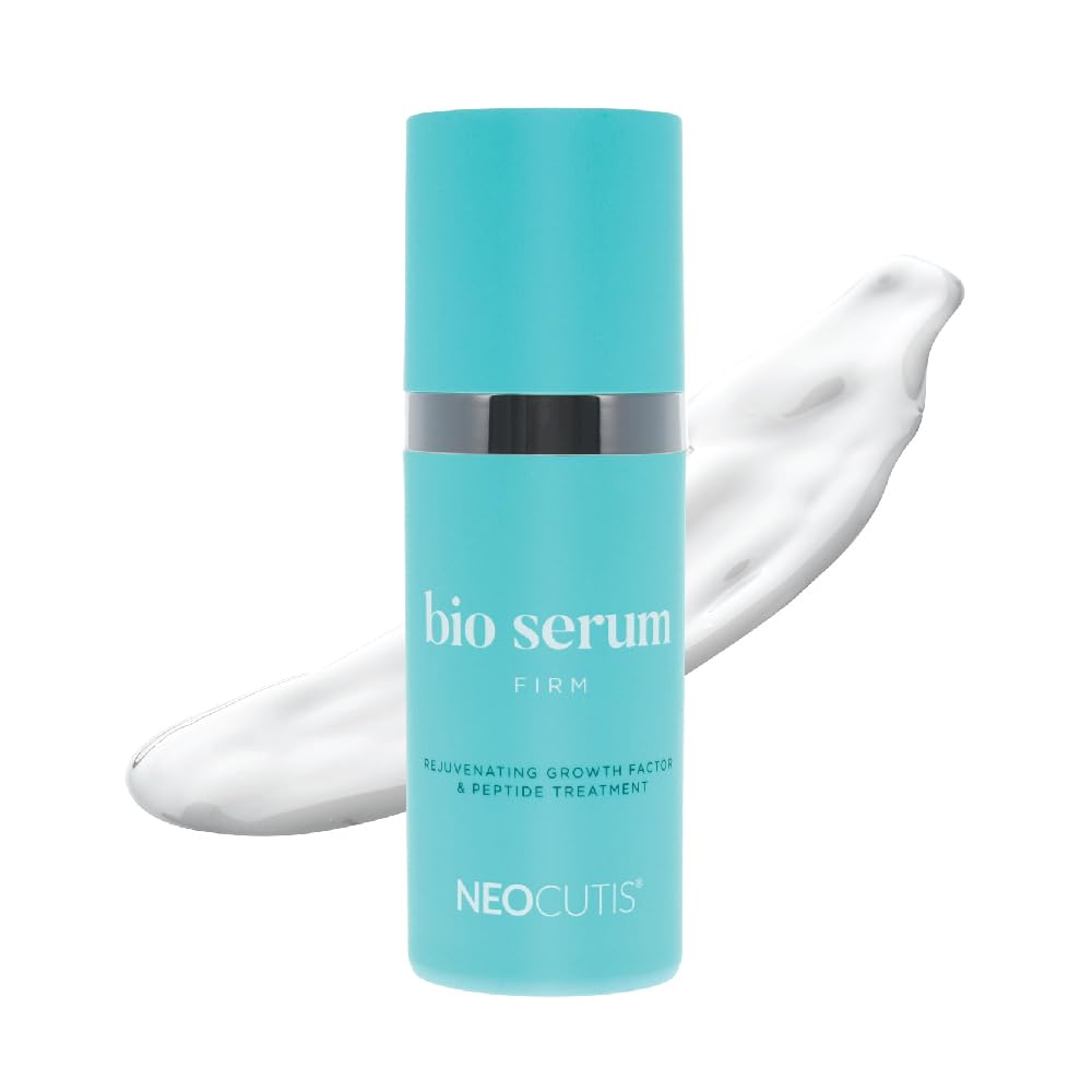 Neocutis Bio Serum Firm bottle closeup shows premium hydration for radiant skin.