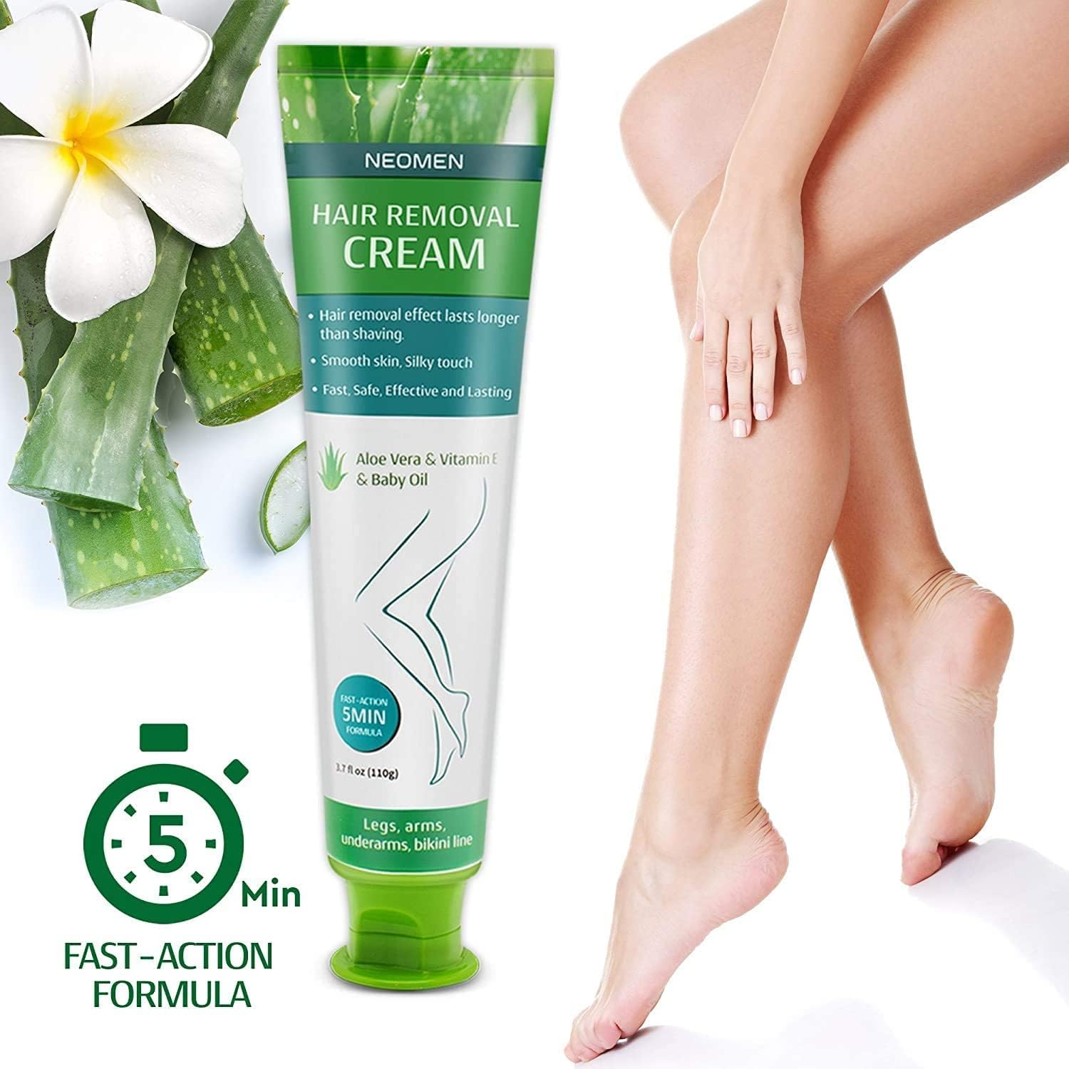NEOMEN hair removal cream aloe-vera-vitamin-e highlights nourishing ingredients for soothing skin.