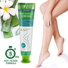 NEOMEN hair removal cream aloe-vera-vitamin-e highlights nourishing ingredients for soothing skin.