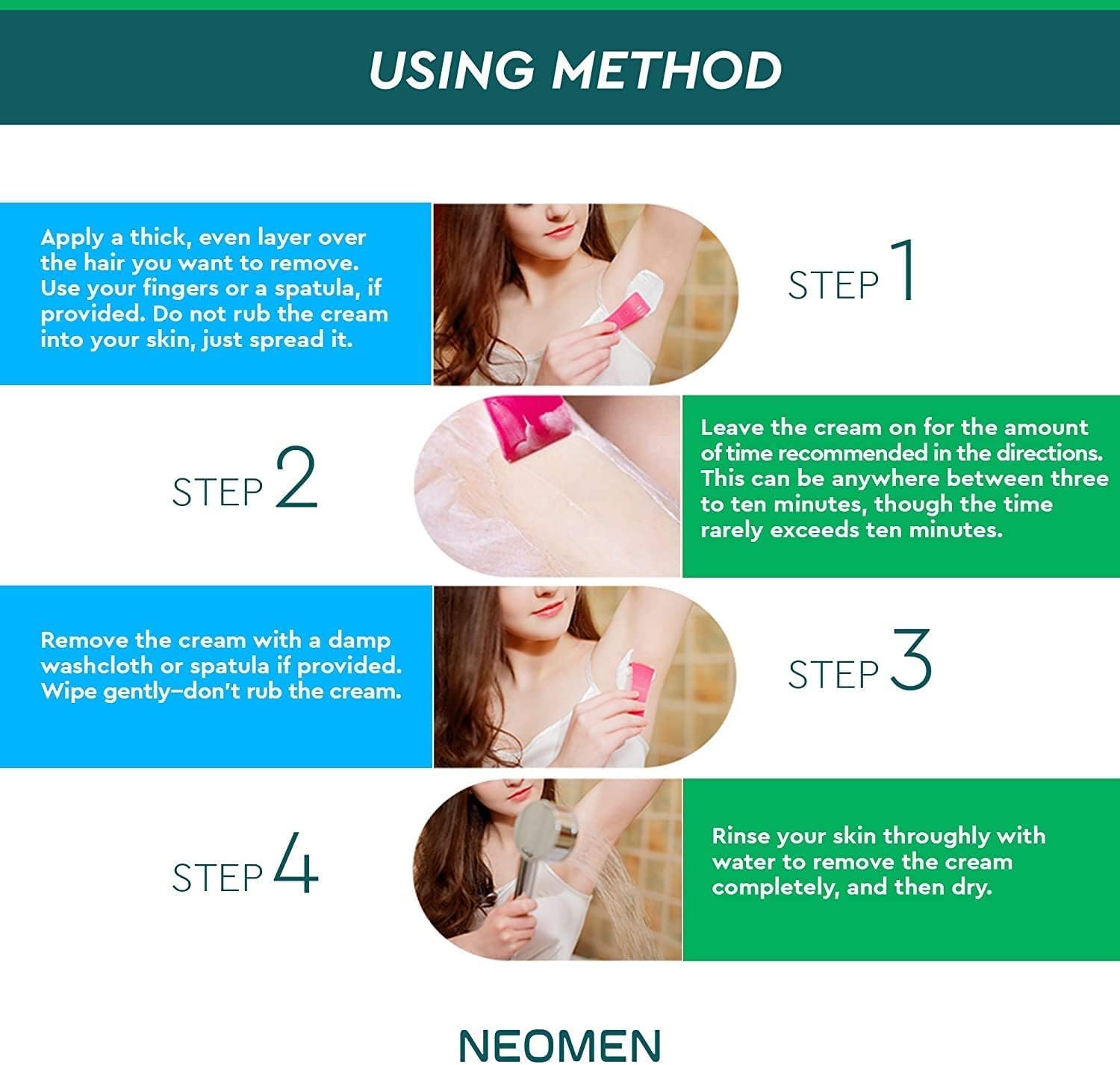NEOMEN hair removal cream packaging emphasizes at-home salon quality and easy use.