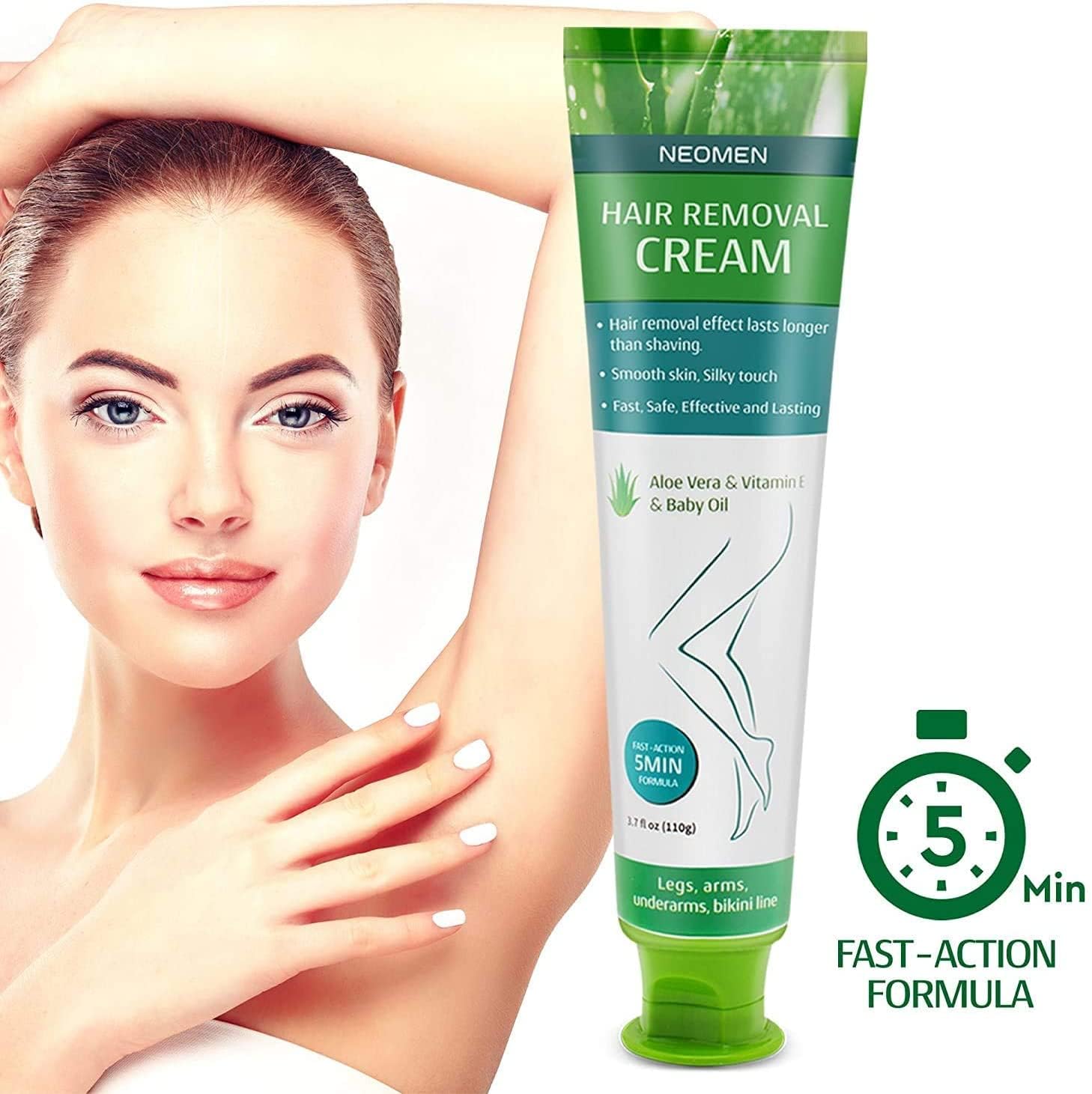 NEOMEN hair removal cream underarms-bikini-areas highlights versatile use for smooth skin in sensitive zones.