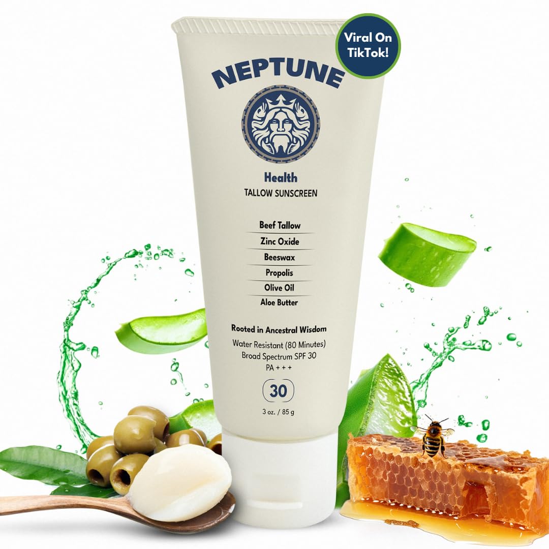 Neptune Health beef tallow sunscreen jar closeup highlights rich moisturization for daily protection.
