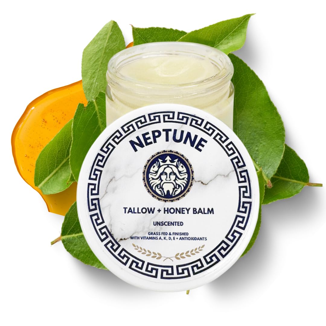 Neptune Health Tallow and Manuka Honey Balm jar shows rich texture for nourishing skin.