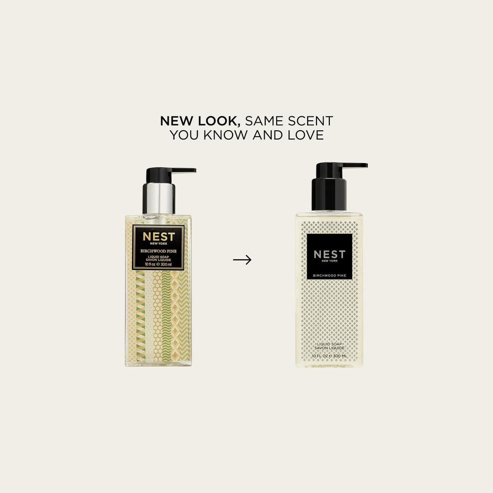 Nest New York Birchwood Pine liquid soap bottle label highlighting ingredients and cruelty-free claim