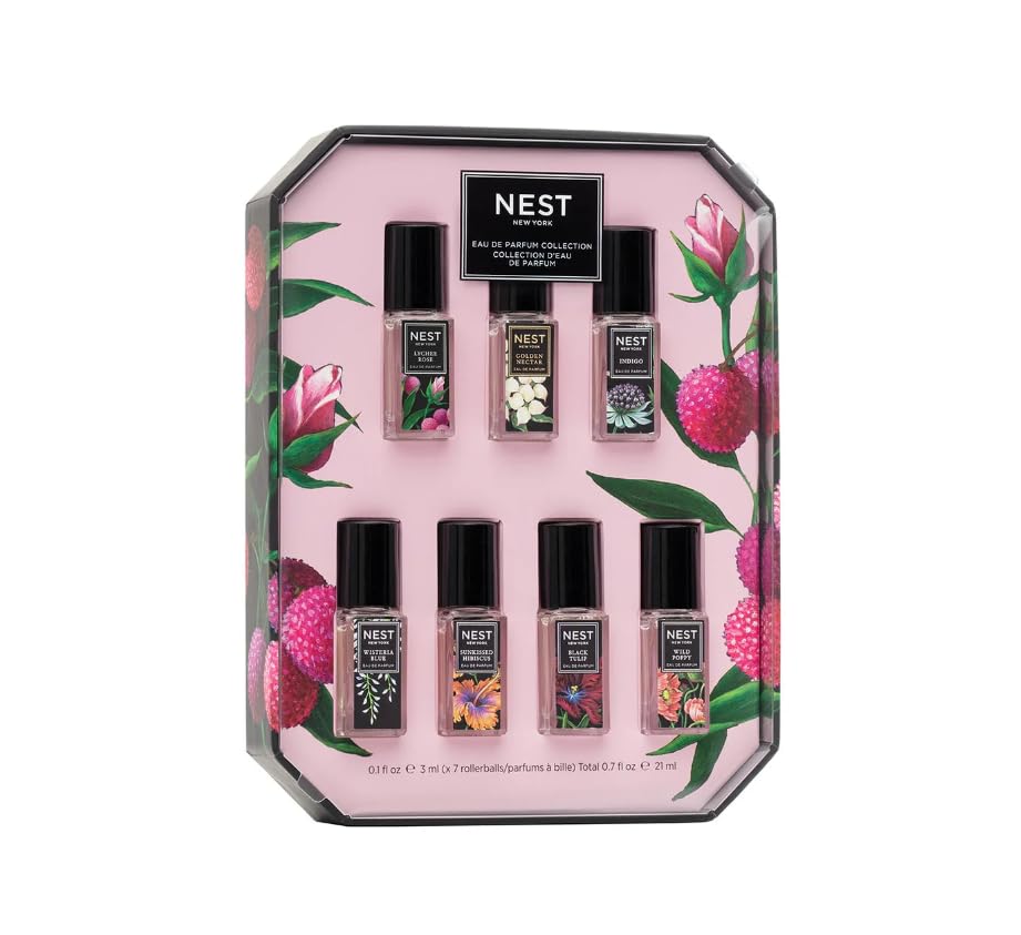 Nest New York discovery set Clear packaging showcases seven mini rollerballs for versatile on-the-go fragrance moments.