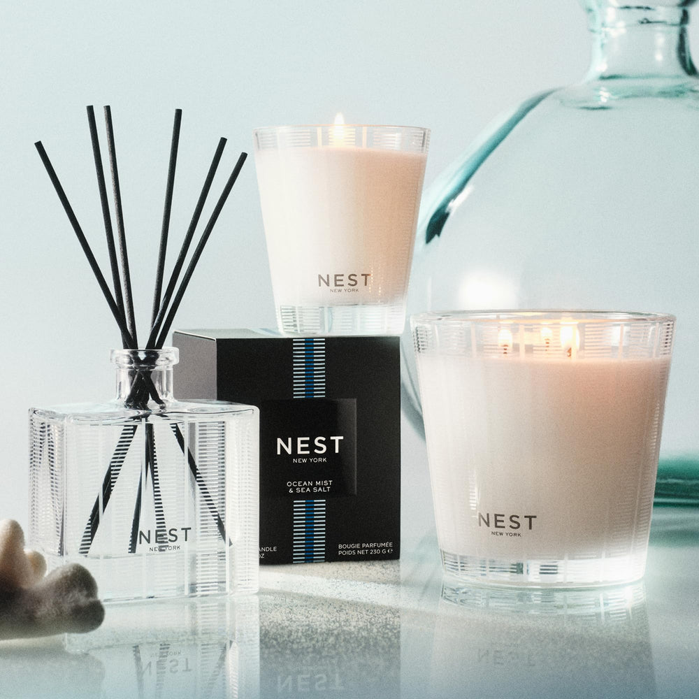 Nest New York Ocean Mist Liquid Soap in a bathroom dispensing scene.