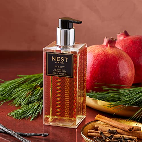 NEST New York holiday liquid soap fragrance notes highlight festive citrus-woody profile.