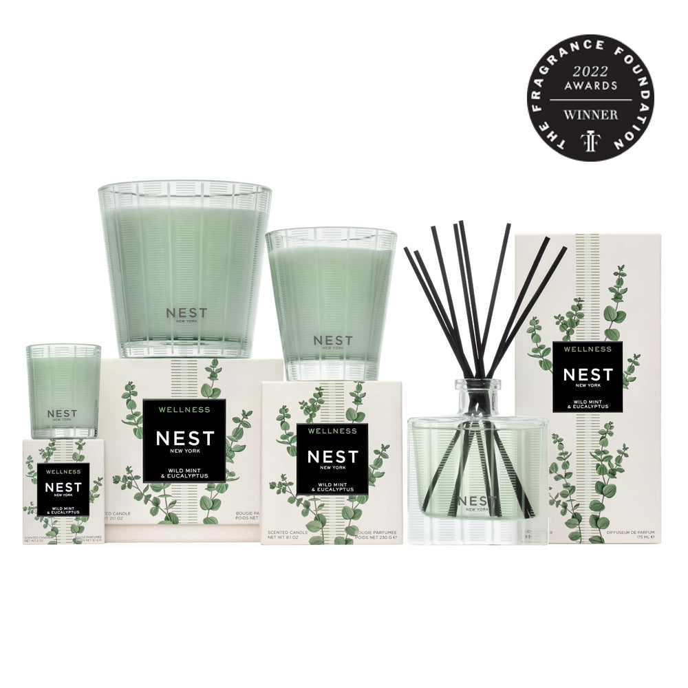Nest New York liquid soap bottle on bathroom counter for spa-like scent.