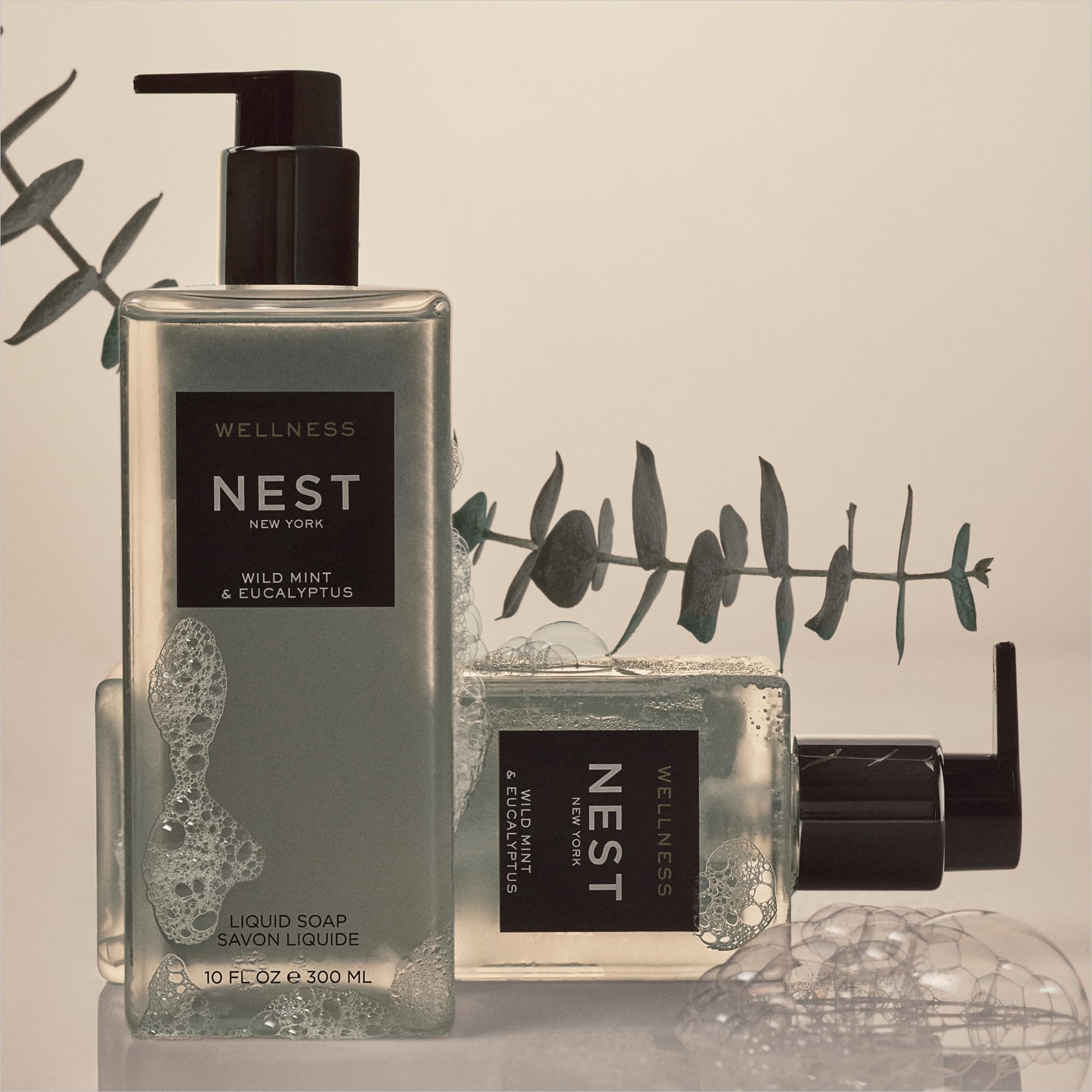 Nest New York liquid soap label close-up highlighting mint and eucalyptus fragrance.