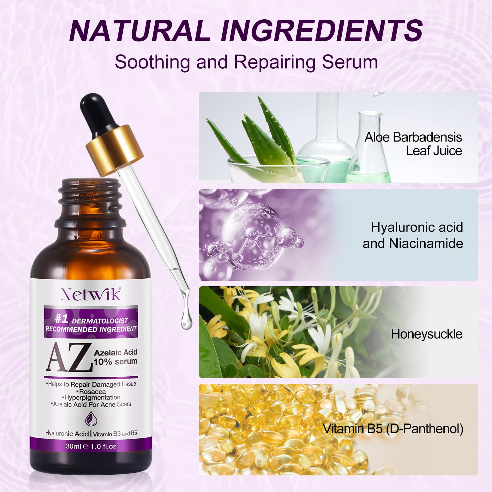 Netwik Azelaic Acid Serum 10% ingredients label with niacinamide and hyaluronic acid