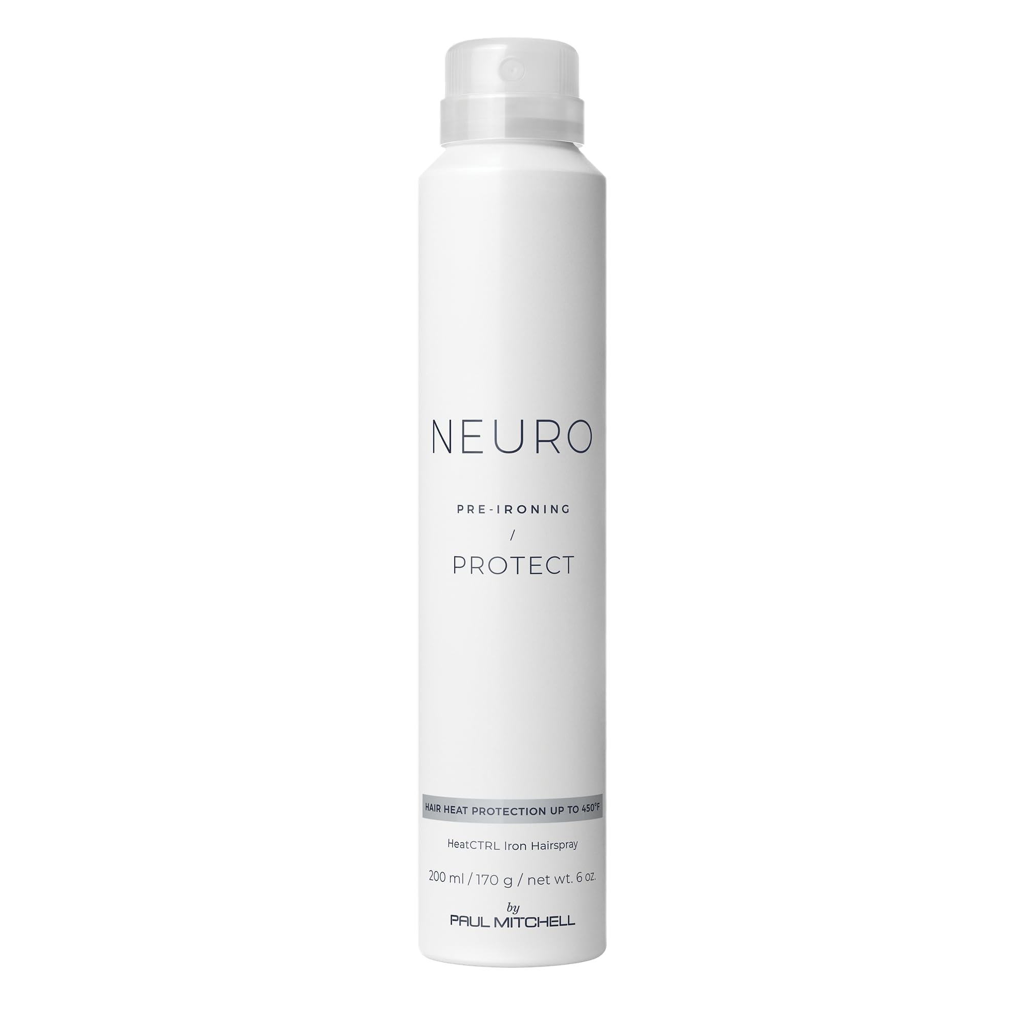 Neuro Protect HeatCTRL Iron Hairspray bottle shows heat protection and shine.