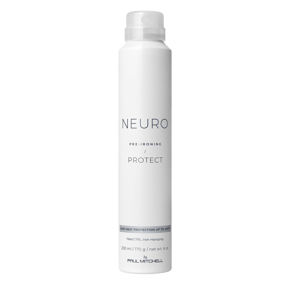 Neuro Protect HeatCTRL Iron Hairspray bottle shows heat protection and shine.