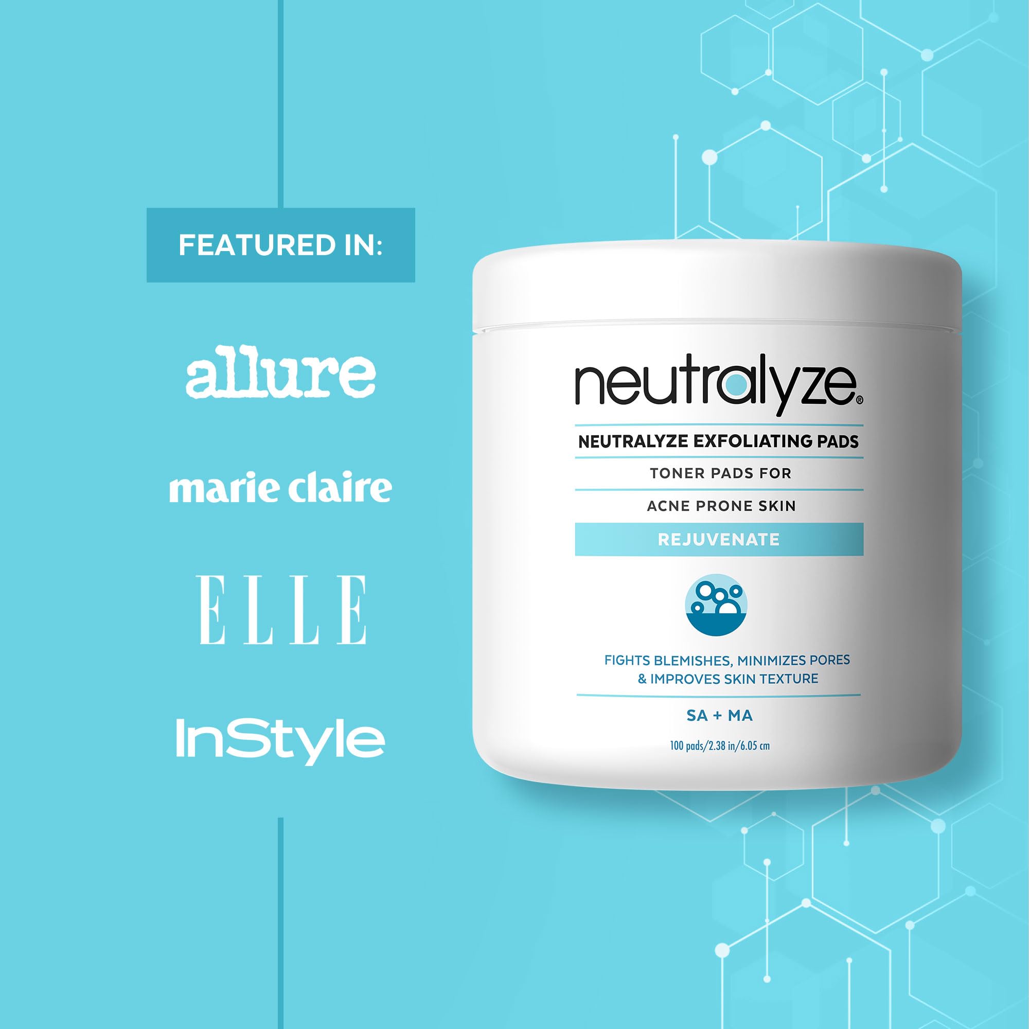 Neutralyze Exfoliating Toner Pads label shows 2% SA and 2% Mandelic acids