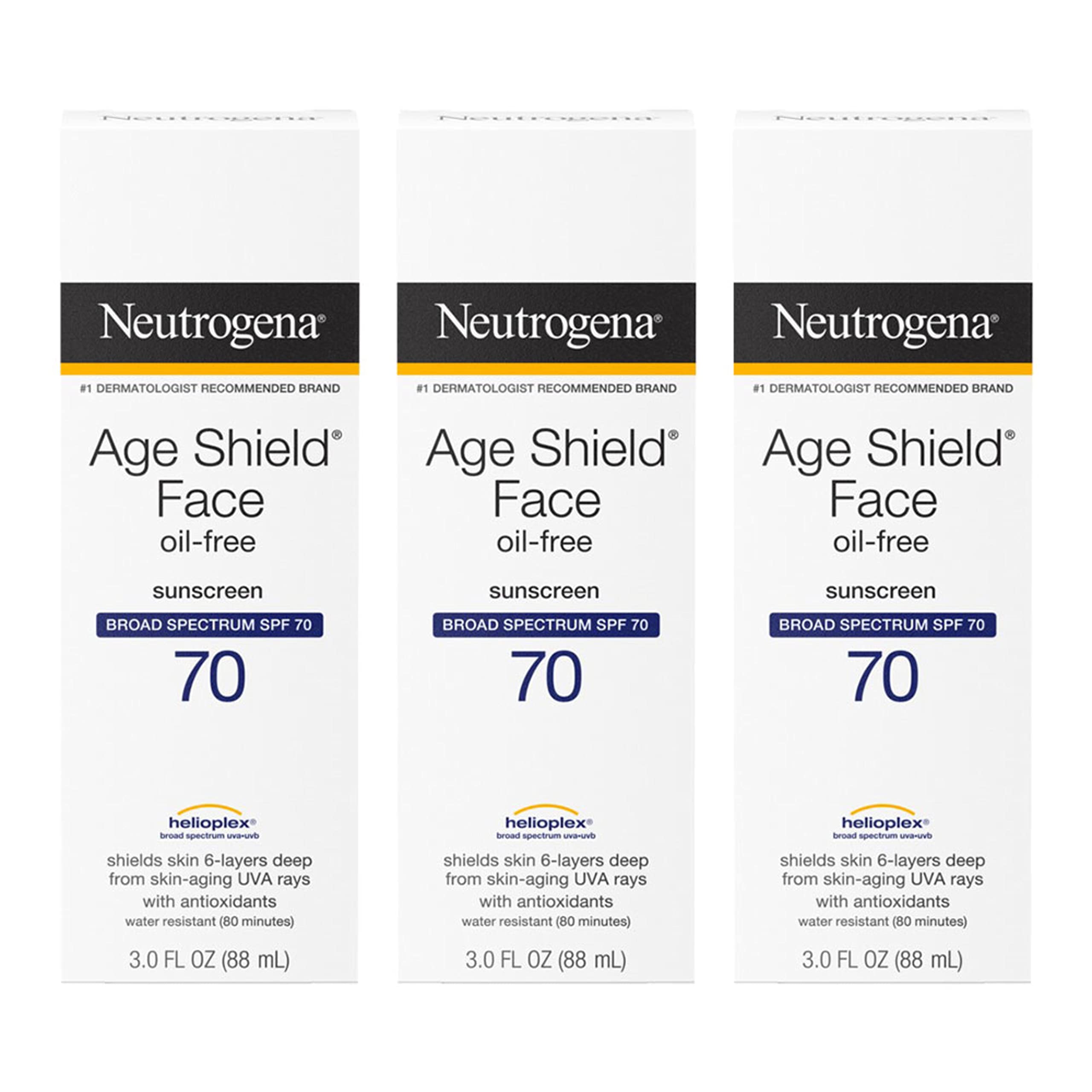 Neutrogena Age Shield SPF 70 bottle closeup showing oil-free, non-comedogenic sunscreen protection