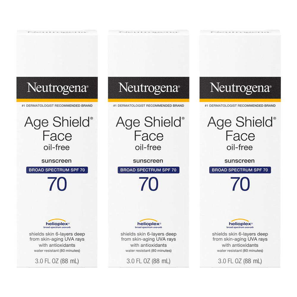 Neutrogena Age Shield SPF 70 bottle closeup showing oil-free, non-comedogenic sunscreen protection