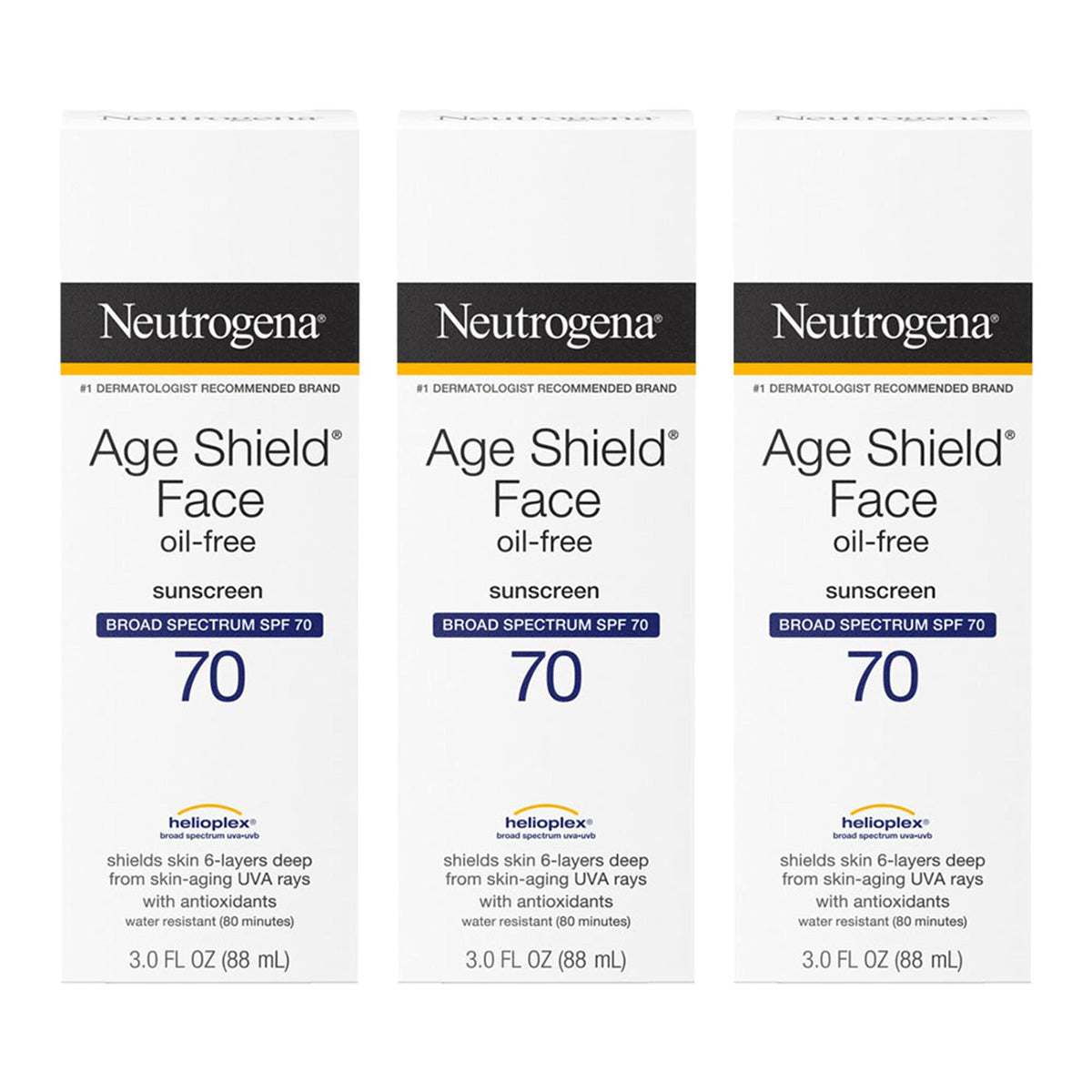Neutrogena Age Shield SPF 70 bottle closeup showing oil-free, non-comedogenic sunscreen protection