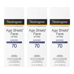 Neutrogena Age Shield SPF 70 bottle closeup showing oil-free, non-comedogenic sunscreen protection
