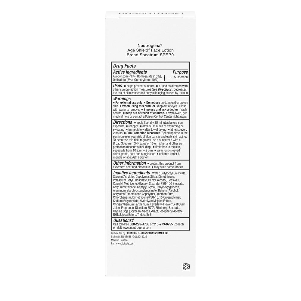 Neutrogena Age Shield no oxybenzone image emphasizes clean UVA/UVB protection